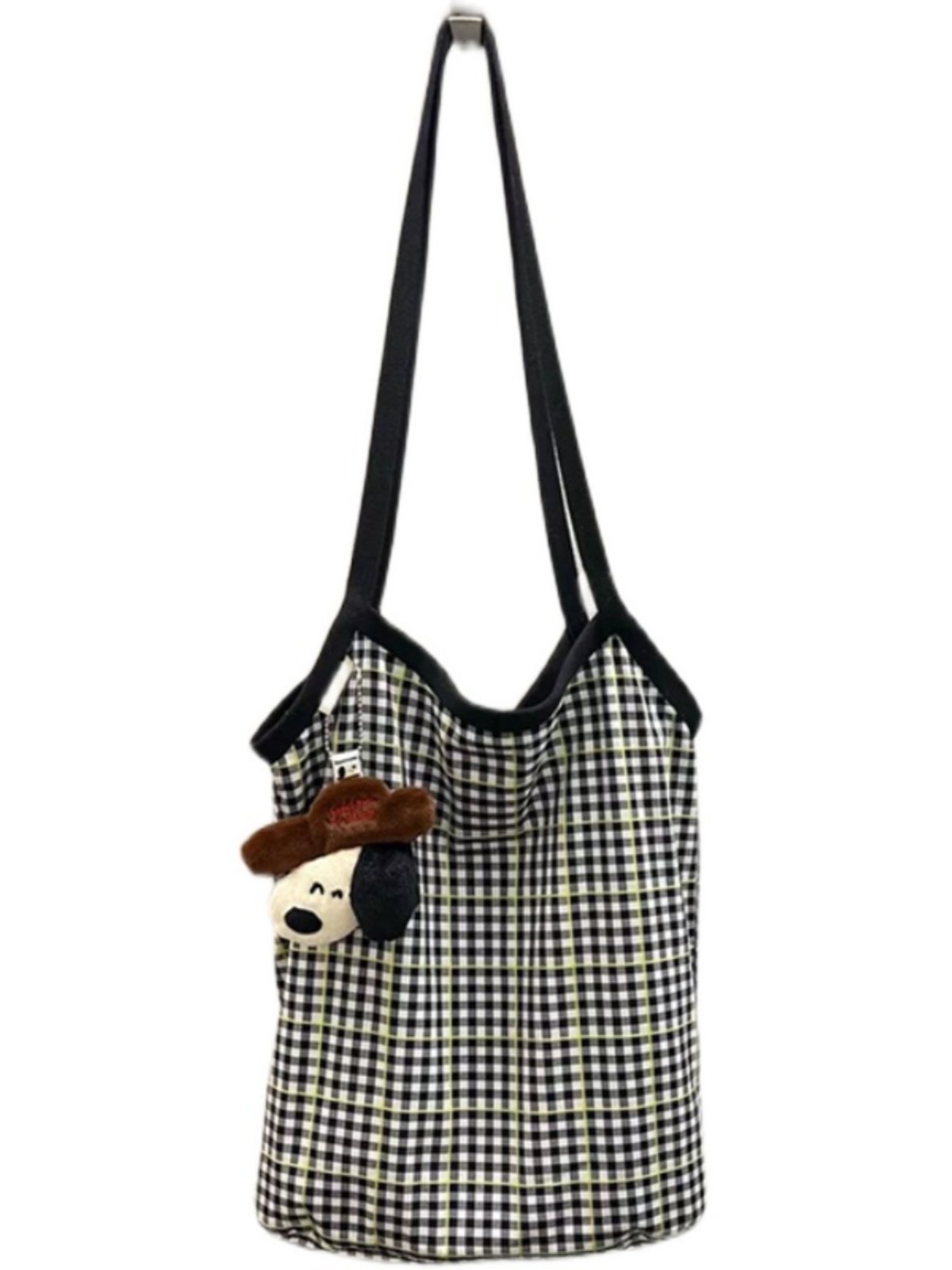 Retro Checkered Large Capacity Water Bucket Bag - Black and White Plaid Commuter Tote, Hand-Held Canvas Shopping Bag Retro Checkered Large Capacity Water Bucket Bag - Black and White Plaid Commuter Tote, Hand-Held Canvas Shopping Bag
