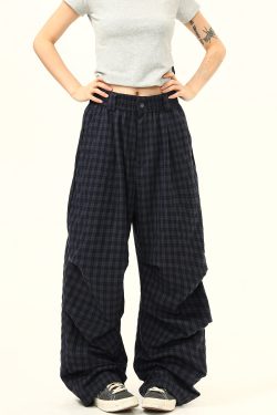 Retro Checkered Pleated Loose Drape Pants for Women - Stylish Casual Trousers, 90s Inspired Fashion