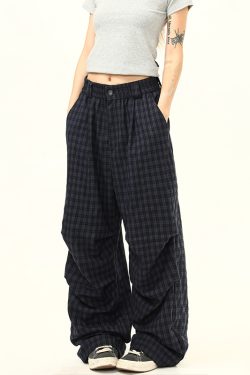 Retro Checkered Pleated Loose Drape Pants for Women - Stylish Casual Trousers, 90s Inspired Fashion