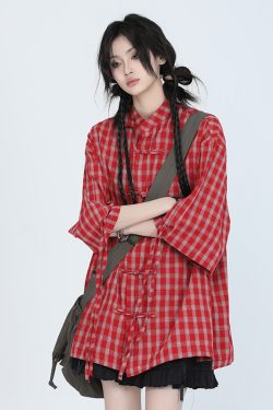 Retro Chinese-Style Red Plaid Short Sleeve Shirt for Women - Unique Loose Fit, Vintage-Inspired Fashion