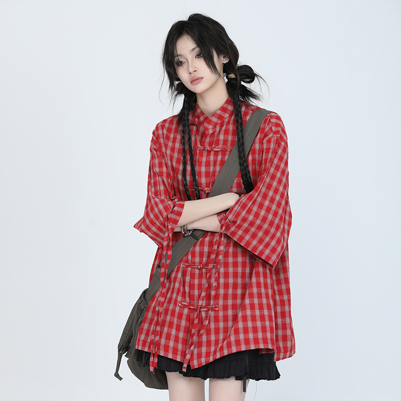 Retro Chinese-Style Red Plaid Short Sleeve Shirt for Women - Unique Loose Fit, Vintage-Inspired Fashion Retro Chinese-Style Red Plaid Short Sleeve Shirt for Women - Unique Loose Fit, Vintage-Inspired Fashion