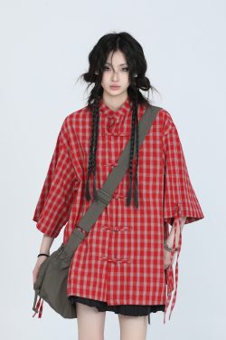 Retro Chinese-Style Red Plaid Short Sleeve Shirt for Women - Unique Loose Fit, Vintage-Inspired Fashion