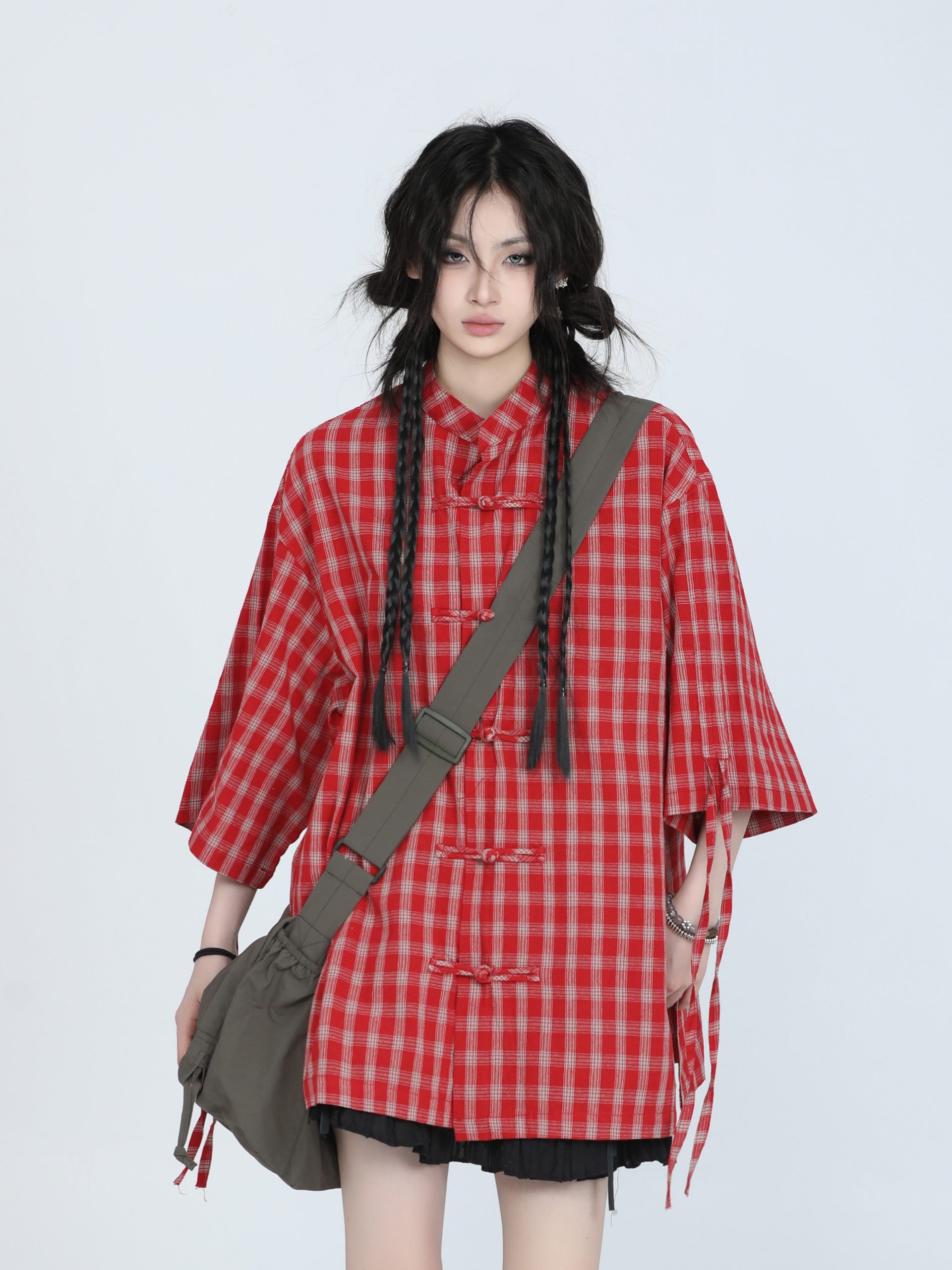 Retro Chinese-Style Red Plaid Short Sleeve Shirt for Women - Unique Loose Fit, Vintage-Inspired Fashion Retro Chinese-Style Red Plaid Short Sleeve Shirt for Women - Unique Loose Fit, Vintage-Inspired Fashion