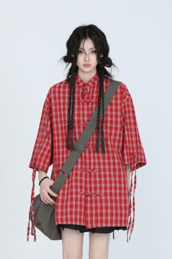 Retro Chinese-Style Red Plaid Short Sleeve Shirt for Women - Unique Loose Fit, Vintage-Inspired Fashion