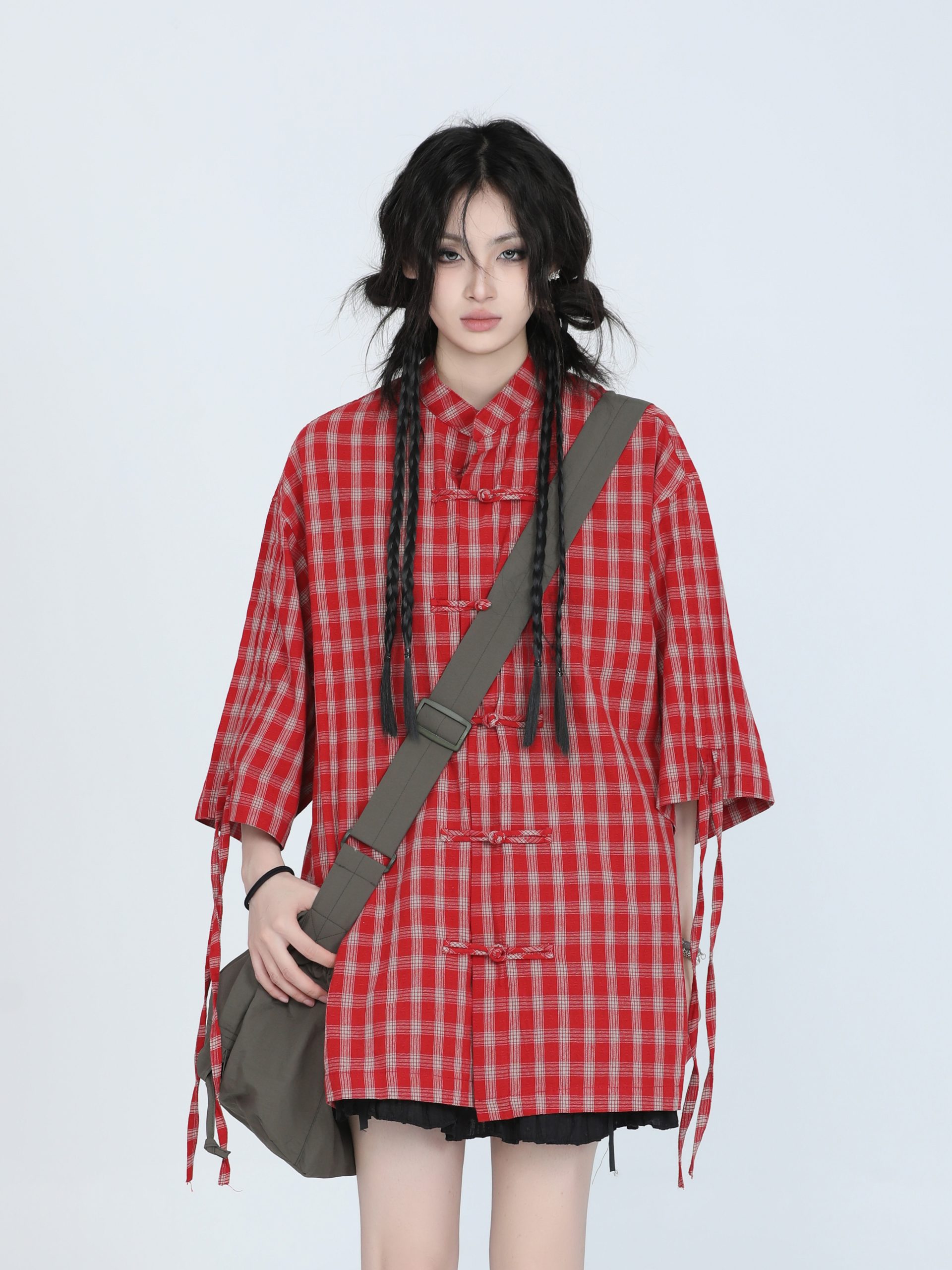 Retro Chinese-Style Red Plaid Short Sleeve Shirt for Women - Unique Loose Fit, Vintage-Inspired Fashion Retro Chinese-Style Red Plaid Short Sleeve Shirt for Women - Unique Loose Fit, Vintage-Inspired Fashion