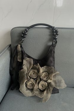 Retro Chinese Style Rose Floral Pleated Tote Bag - Large Capacity Shoulder Bag for Commuting