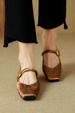 Retro Chinese Style Square Toe One-Strap Mary Jane Shoes for Women - Versatile Chunky Heel Flats