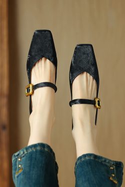 Retro Chinese Style Square Toe One-Strap Mary Jane Shoes for Women - Versatile Chunky Heel Flats