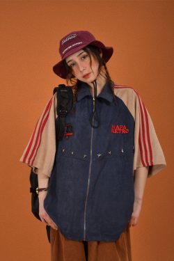 Retro Color Block Embroidered Short Sleeve Shirt - Suede Velvet Summer Loose Fit with Double Stripe - Trendy Y2K Style