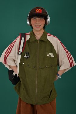 Retro Color Block Embroidered Short Sleeve Shirt - Suede Velvet Summer Loose Fit with Double Stripe - Trendy Y2K Style