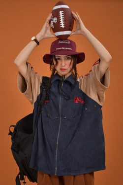 Retro Color Block Embroidered Short Sleeve Shirt - Suede Velvet Summer Loose Fit with Double Stripe - Trendy Y2K Style
