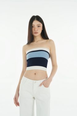 Retro Color-Block Striped Fitted Knitted Tube Top - Vintage 90s Style