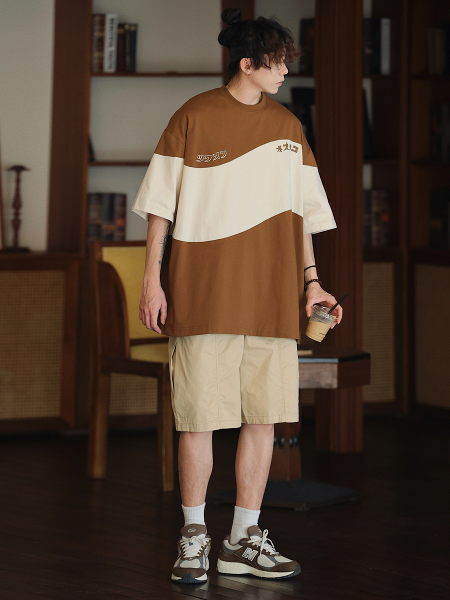 Retro Color-Blocked Japanese T-Shirt for Men - Short Sleeve Casual Minimalist Summer Trend Retro Color-Blocked Japanese T-Shirt for Men - Short Sleeve Casual Minimalist Summer Trend