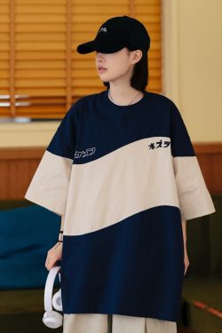 Retro Color-Blocked Japanese T-Shirt for Men - Short Sleeve Casual Minimalist Summer Trend