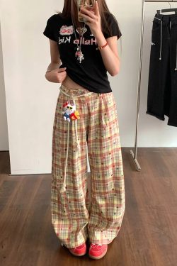 Retro Color-Blocked Plaid Wide-Leg Work Pants for Women - Loose Fit Casual Summer 2025 Floor-Length Trousers