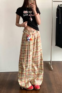 Retro Color-Blocked Plaid Wide-Leg Work Pants for Women - Loose Fit Casual Summer 2025 Floor-Length Trousers