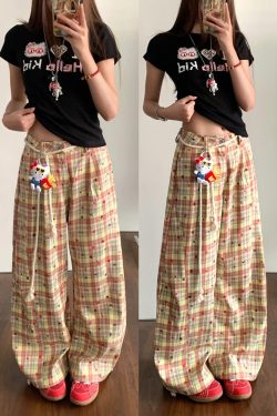 Retro Color-Blocked Plaid Wide-Leg Work Pants for Women - Loose Fit Casual Summer 2025 Floor-Length Trousers