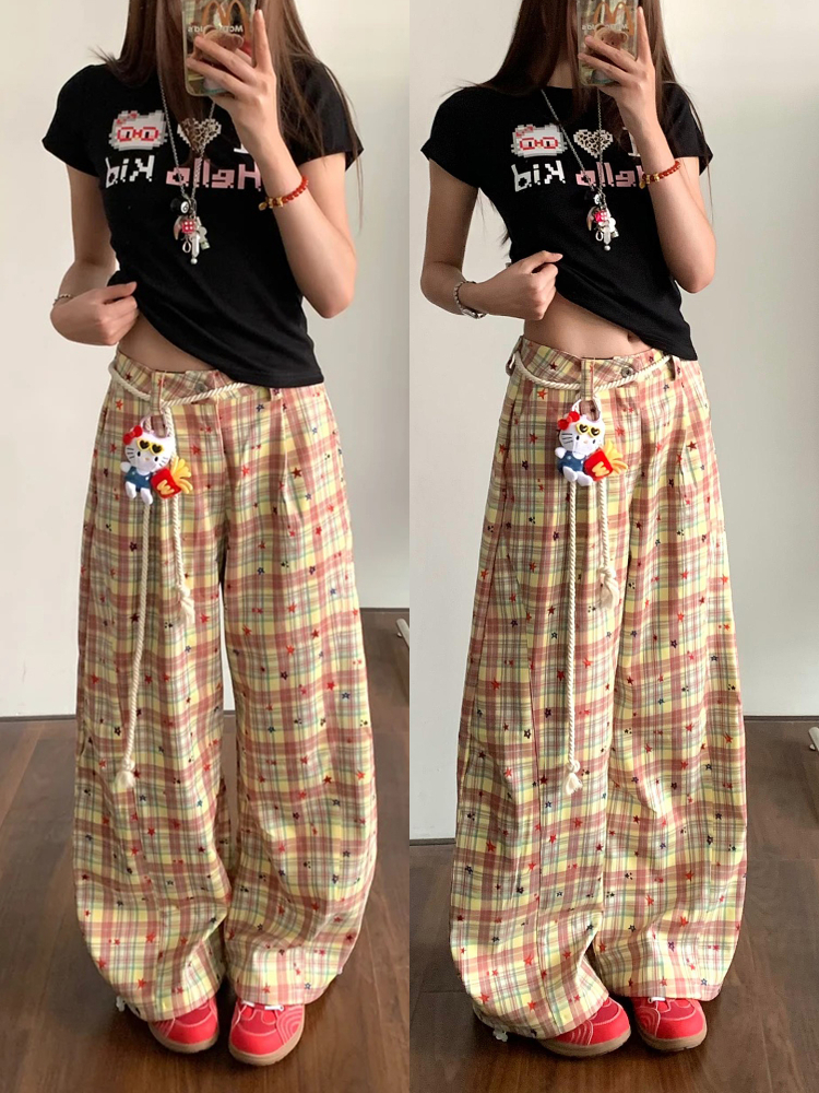 Retro Color-Blocked Plaid Wide-Leg Work Pants for Women - Loose Fit Casual Summer 2025 Floor-Length Trousers Retro Color-Blocked Plaid Wide-Leg Work Pants for Women - Loose Fit Casual Summer 2025 Floor-Length Trousers