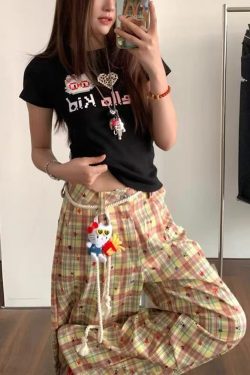 Retro Color-Blocked Plaid Wide-Leg Work Pants for Women - Loose Fit Casual Summer 2025 Floor-Length Trousers
