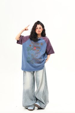 Retro Color-Blocking Letter Short-Sleeve T-Shirt for Women - Casual Summer Loose Fit Tee, Perfect for Y2K & 90s Style