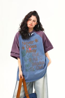 Retro Color-Blocking Letter Short-Sleeve T-Shirt for Women - Casual Summer Loose Fit Tee, Perfect for Y2K & 90s Style