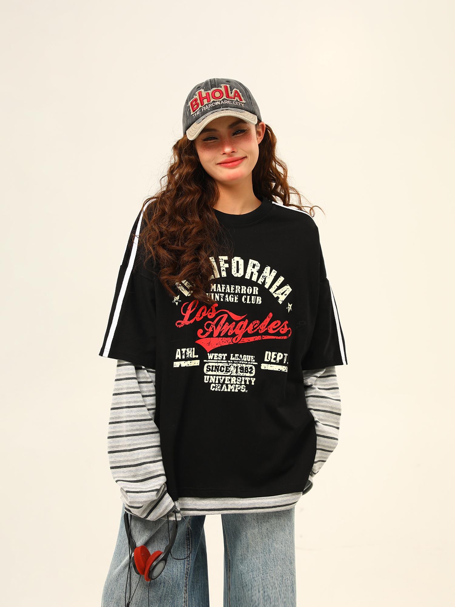 Retro Color-Blocking Loose-Fit Round Neck Long Sleeve T-Shirt for Women - Casual Spring Style, Two-Piece Look Retro Color-Blocking Loose-Fit Round Neck Long Sleeve T-Shirt for Women - Casual Spring Style, Two-Piece Look