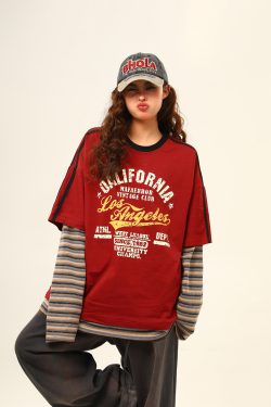 Retro Color-Blocking Loose-Fit Round Neck Long Sleeve T-Shirt for Women - Casual Spring Style, Two-Piece Look