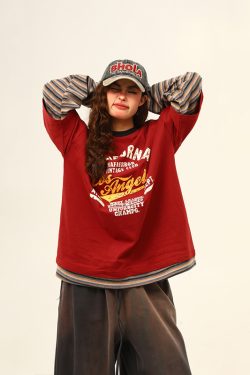 Retro Color-Blocking Loose-Fit Round Neck Long Sleeve T-Shirt for Women - Casual Spring Style, Two-Piece Look