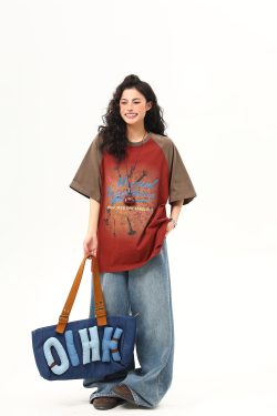 Retro Color-Blocking Raglan Short Sleeve T-Shirt for Women - American Style Summer Loose Tee