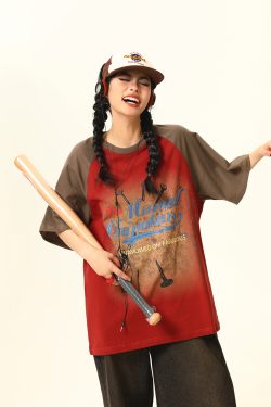 Retro Color-Blocking Raglan Short Sleeve T-Shirt for Women - American Style Summer Loose Tee