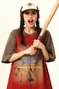 Retro Color-Blocking Raglan Short Sleeve T-Shirt for Women - American Style Summer Loose Tee