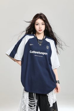 Retro Color-Blocking Raglan Short-Sleeve T-Shirt for Women - Summer Casual Oversized Top