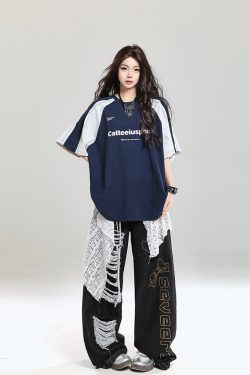 Retro Color-Blocking Raglan Short-Sleeve T-Shirt for Women - Summer Casual Oversized Top