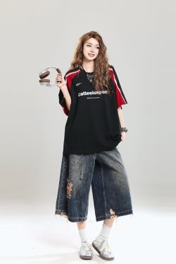 Retro Color-Blocking Raglan Short-Sleeve T-Shirt for Women - Summer Casual Oversized Top