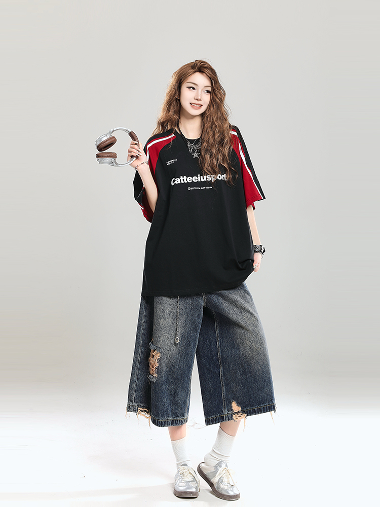 Retro Color-Blocking Raglan Short-Sleeve T-Shirt for Women - Summer Casual Oversized Top Retro Color-Blocking Raglan Short-Sleeve T-Shirt for Women - Summer Casual Oversized Top