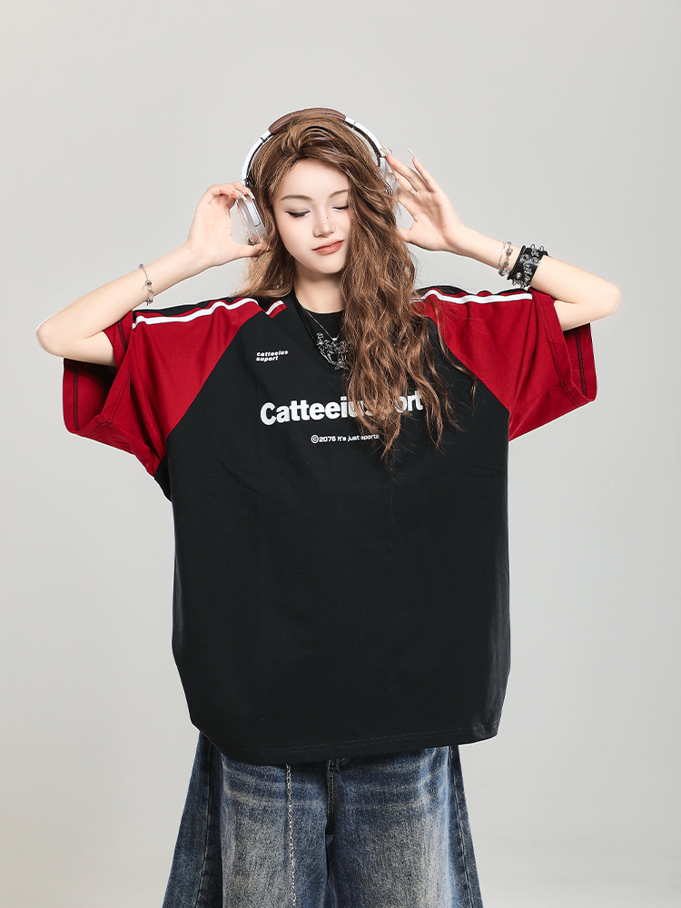 Retro Color-Blocking Raglan Short-Sleeve T-Shirt for Women - Summer Casual Oversized Top Retro Color-Blocking Raglan Short-Sleeve T-Shirt for Women - Summer Casual Oversized Top