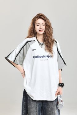 Retro Color-Blocking Raglan Short-Sleeve T-Shirt for Women - Summer Casual Oversized Top