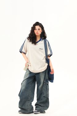 Retro Color-Blocking V-Neck Waffle Short Sleeve T-Shirt for Women, Versatile Couple's Top, Y2K Style