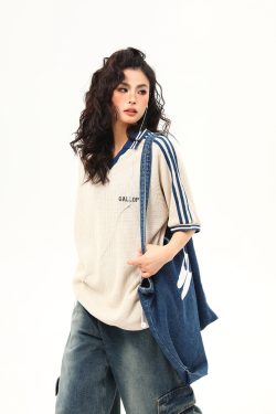 Retro Color-Blocking V-Neck Waffle Short Sleeve T-Shirt for Women, Versatile Couple's Top, Y2K Style