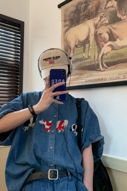 Retro Cow Embroidery Washed Denim Short Sleeve Shirt for Couples - 2025 Summer Streetwear, Vintage Style