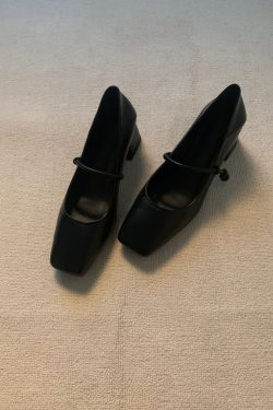 Retro Cowhide High-Heeled Mary Jane Shoes with Square Toe and Single Strap - French Style Chunky Heel Commuter Flats