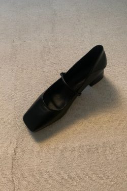 Retro Cowhide High-Heeled Mary Jane Shoes with Square Toe and Single Strap - French Style Chunky Heel Commuter Flats