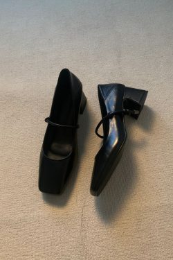 Retro Cowhide High-Heeled Mary Jane Shoes with Square Toe and Single Strap - French Style Chunky Heel Commuter Flats