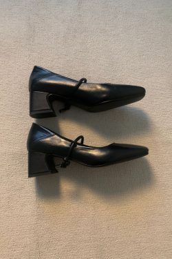 Retro Cowhide High-Heeled Mary Jane Shoes with Square Toe and Single Strap - French Style Chunky Heel Commuter Flats