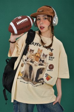 Retro Cute Cat Loose Short Sleeve T-Shirt for Women - 2024 Summer Cartoon Top in Y2K Style