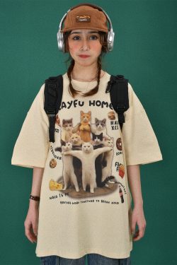 Retro Cute Cat Loose Short Sleeve T-Shirt for Women - 2024 Summer Cartoon Top in Y2K Style