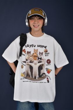 Retro Cute Cat Loose Short Sleeve T-Shirt for Women - 2024 Summer Cartoon Top in Y2K Style