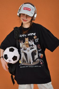 Retro Cute Cat Loose Short Sleeve T-Shirt for Women - 2024 Summer Cartoon Top in Y2K Style