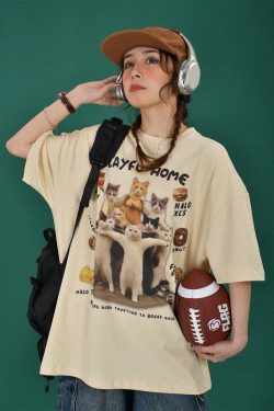 Retro Cute Cat Loose Short Sleeve T-Shirt for Women, Cartoon Graphic Tee, Summer 2024 Fashion, Y2K Style
