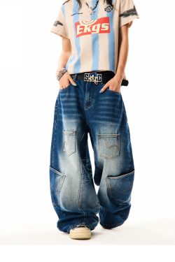 Retro Deconstructed Wide-Leg Denim Pants for Women - Three-Dimensional Silhouette, Multi-Pocket, Loose Fit, Y2K Style